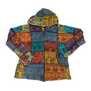 Karma Circle Patchwork Elephant Zip Hoodie Boho Hippie Festival Jacket Small
